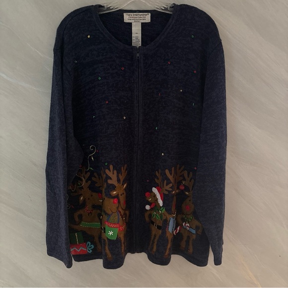 Tiara Christmas Collection 3X Full Zip Long Sleeve Embellished Reindeer Sweater - Picture 1 of 10